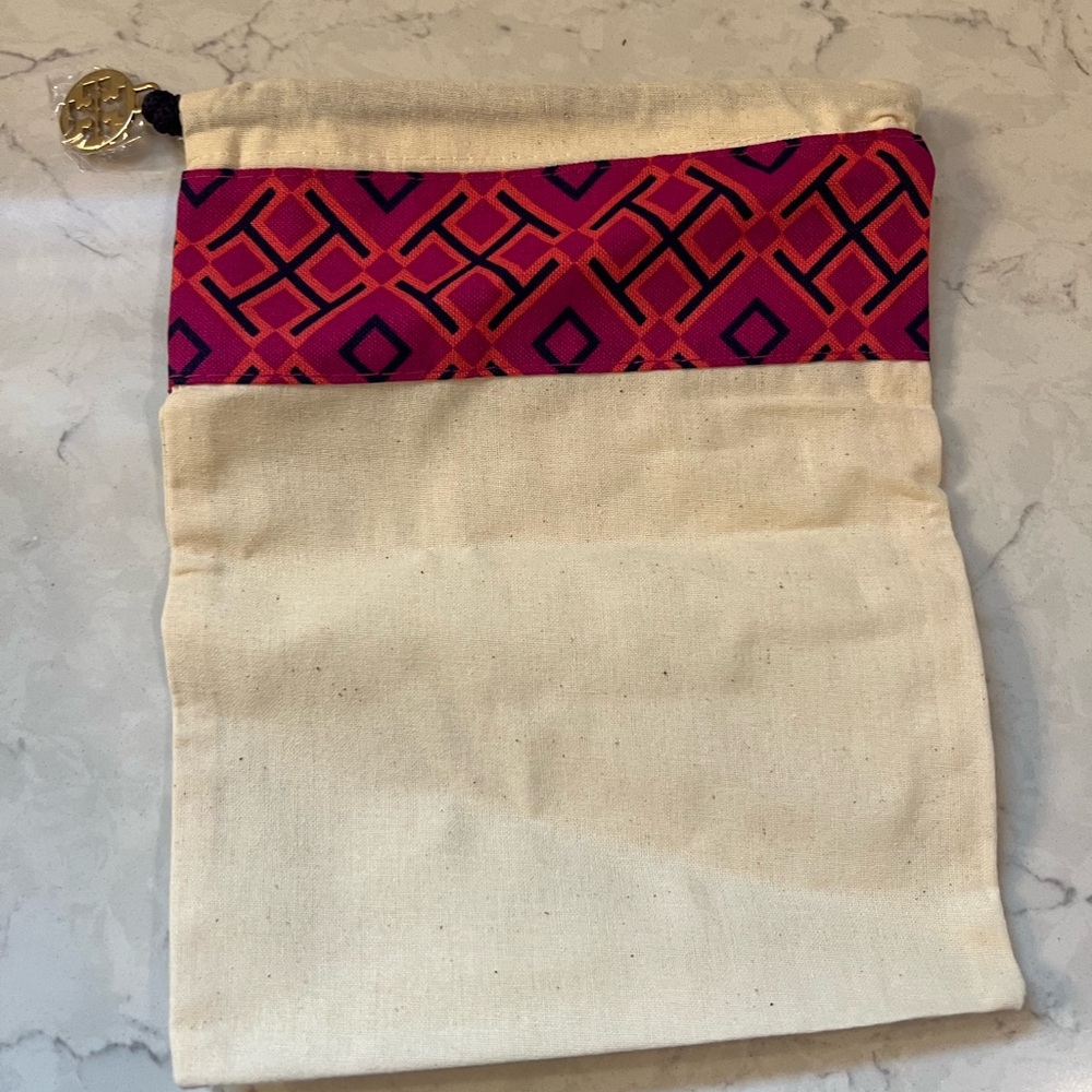 Tory Burch Geometric Patterned Cream and Pink Dust Bag
